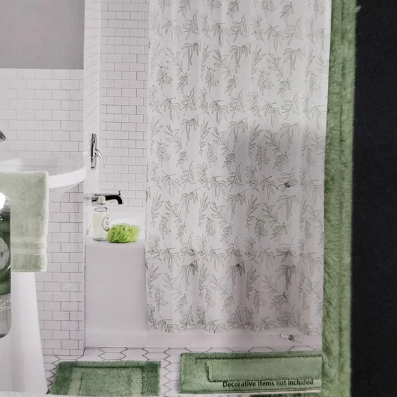 15pc Shower Curtain & Bathroom Accessory Set, Green & White - Picture 4 of 13